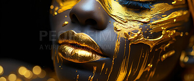 Premium AI Image  Golden Makeup and Artistic Body Paint Fashionable Woman  with Metallic Body Art black skin Glimmering Golden Skin Fashion art  digital ai