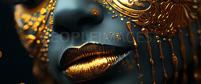 Beauty, glitter and anonymous woman with gold makeup on black background with art, paint and cosmetics. Shine, glow and model in studio for facial fashion, aesthetic freedom and luxury skincare.