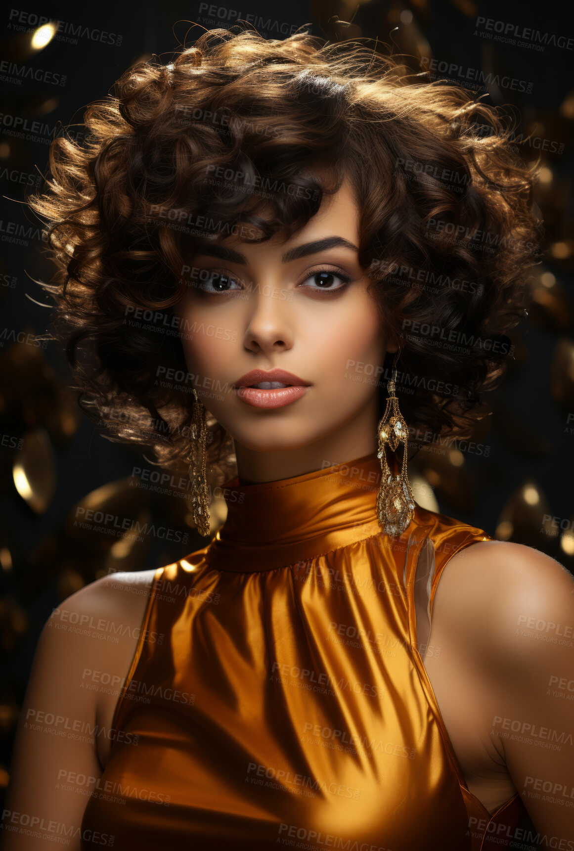 Buy stock photo Beauty, glitter and attractive woman with gold makeup on black background with art, paint and cosmetics. Shine, glow and model in studio for facial fashion, aesthetic freedom and luxury skincare.