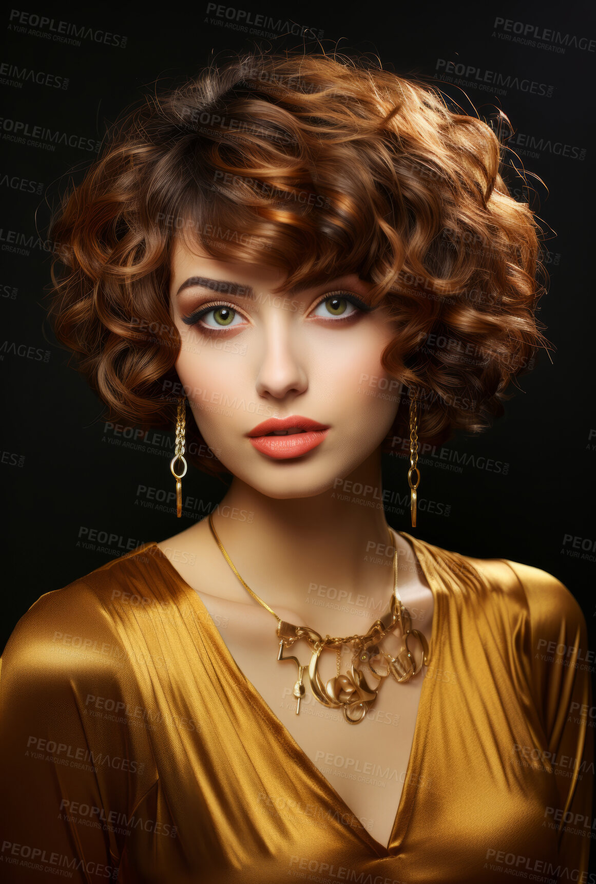 Buy stock photo Beauty, glitter and attractive woman with gold makeup on black background with art, paint and cosmetics. Shine, glow and model in studio for facial fashion, aesthetic freedom and luxury skincare.