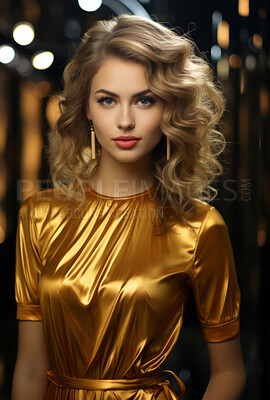 Beauty, glitter and blond woman with gold makeup on black background with art, paint and cosmetics. Shine, glow and model in studio for facial fashion, aesthetic freedom and luxury skincare.