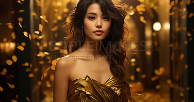 Beauty, glitter and asian woman with gold makeup on black background with art, paint and cosmetics. Shine, glow and model in studio for facial fashion, aesthetic freedom and luxury skincare.