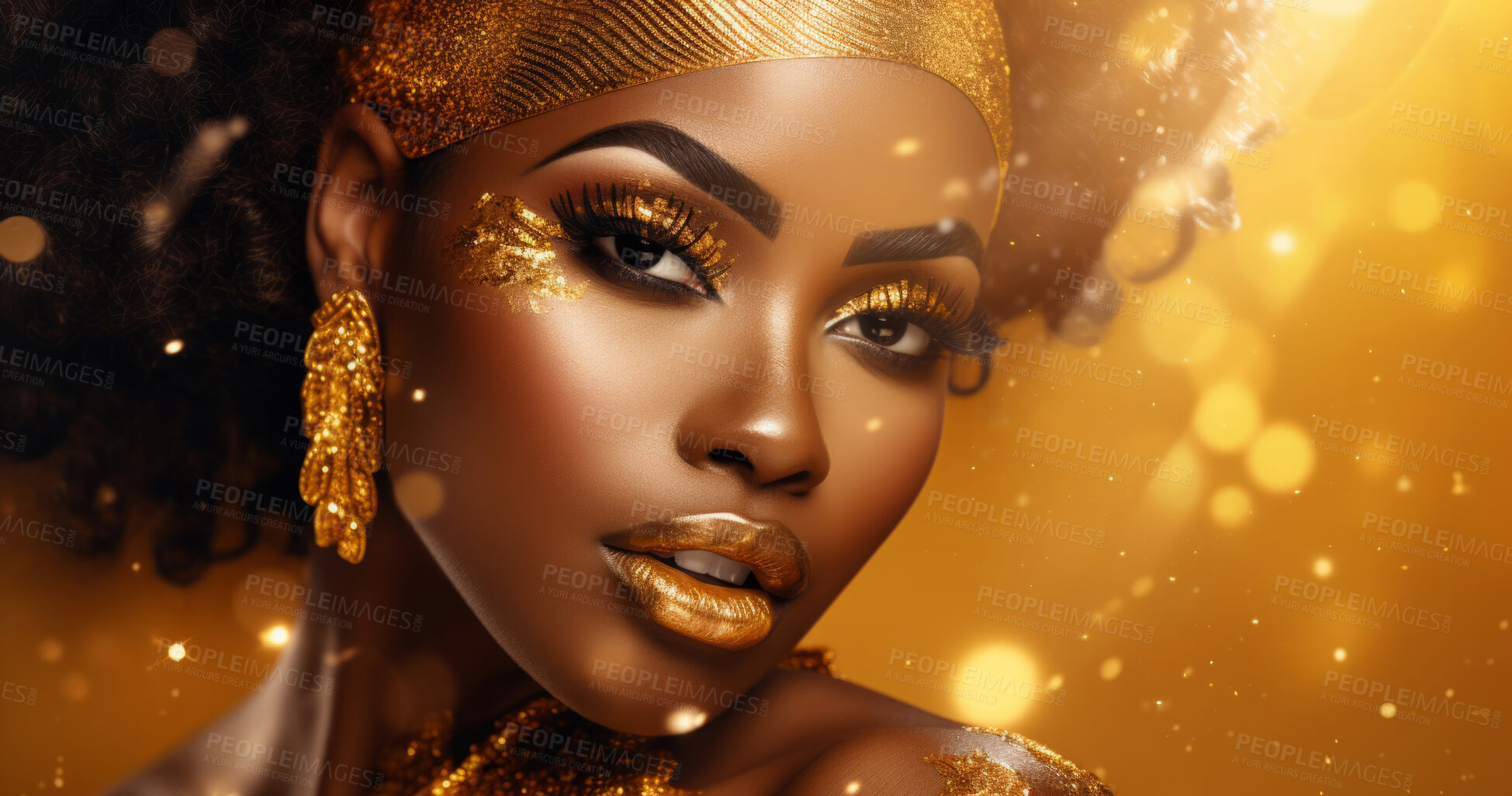 Buy stock photo Beauty, glitter and african woman with gold makeup on black background with art, paint and cosmetics. Shine, glow and model in studio for facial fashion, aesthetic freedom and luxury skincare.