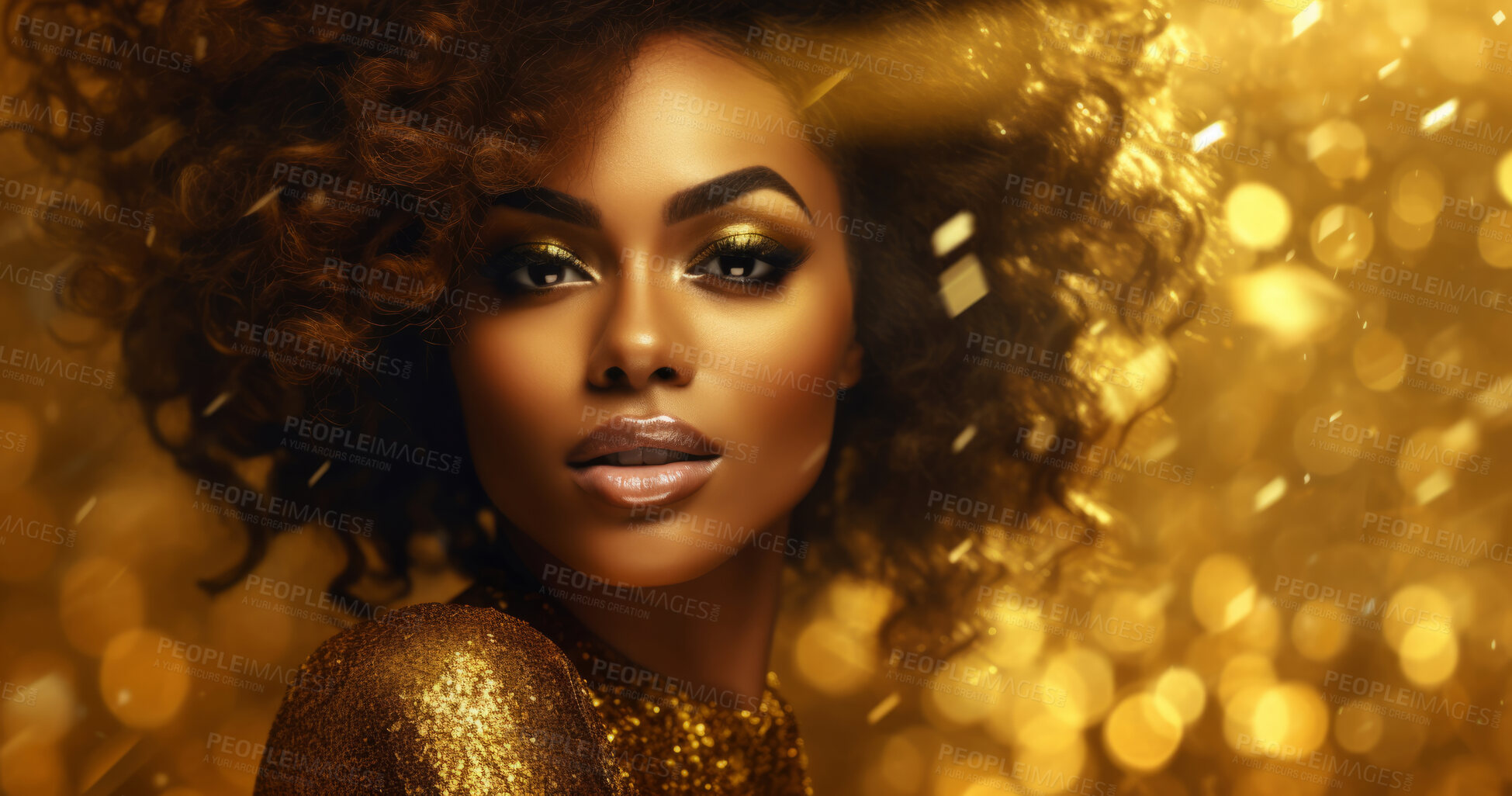 Buy stock photo Beauty, glitter and african woman with gold makeup on black background with art, paint and cosmetics. Shine, glow and model in studio for facial fashion, aesthetic freedom and luxury skincare.