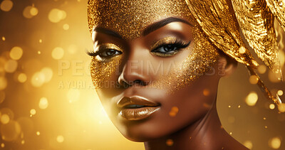 Cosmetics Portrait Black Woman Gold Makeup Brown Background