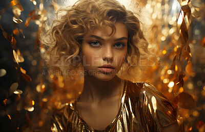 Beauty, glitter and attractive woman with gold makeup on black background with art, paint and cosmetics. Shine, glow and model in studio for facial fashion, aesthetic freedom and luxury skincare.