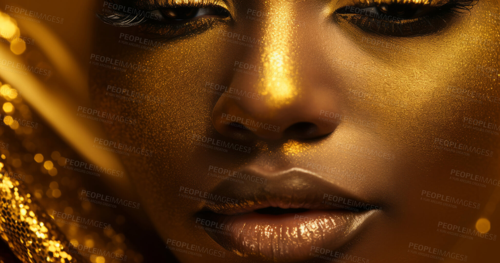 Buy stock photo Beauty, glitter and african woman with gold makeup on black background with art, paint and cosmetics. Shine, glow and model in studio for facial fashion, aesthetic freedom and luxury skincare.