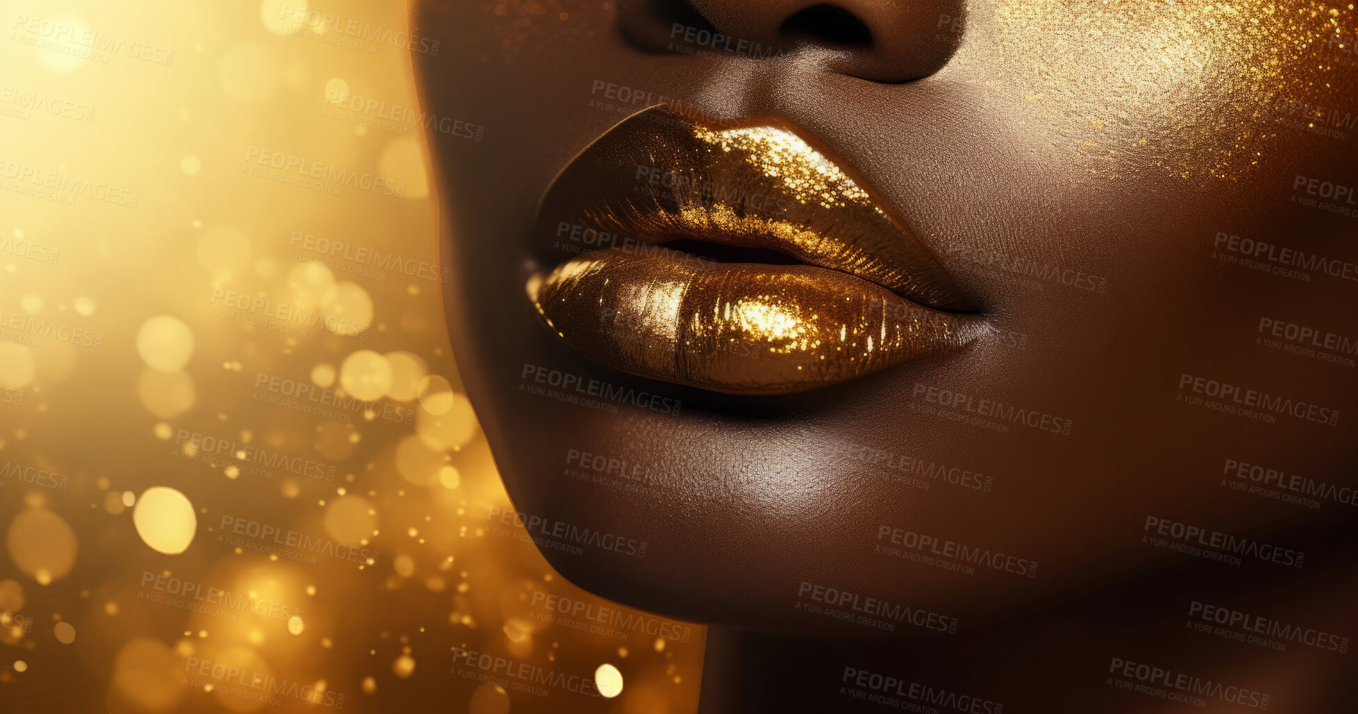 Buy stock photo Beauty, glitter and african woman with gold makeup on black background with art, paint and cosmetics. Shine, glow and model in studio for facial fashion, aesthetic freedom and luxury skincare.