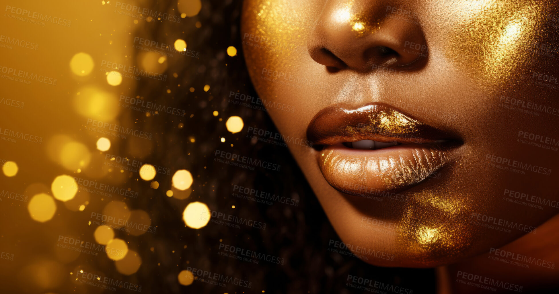 Buy stock photo Beauty, glitter and african woman with gold makeup on black background with art, paint and cosmetics. Shine, glow and model in studio for facial fashion, aesthetic freedom and luxury skincare.