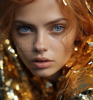 Beauty, glitter and red hair woman with gold makeup on black background with art, paint and cosmetics. Shine, glow and model in studio for facial fashion, aesthetic freedom and luxury skincare.