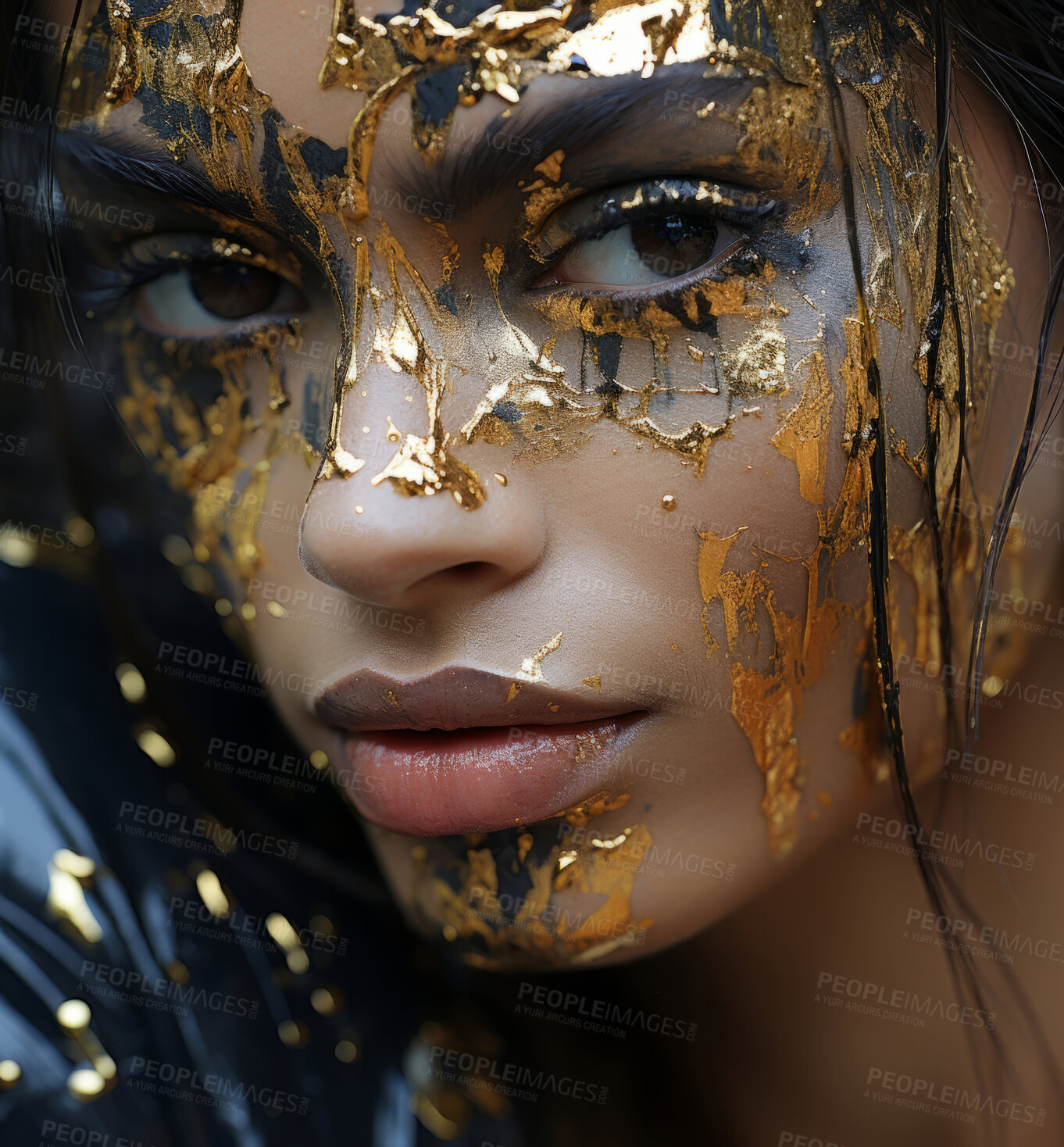 Buy stock photo Beauty, glitter and attractive woman with gold makeup on black background with art, paint and cosmetics. Shine, glow and model in studio for facial fashion, aesthetic freedom and luxury skincare.