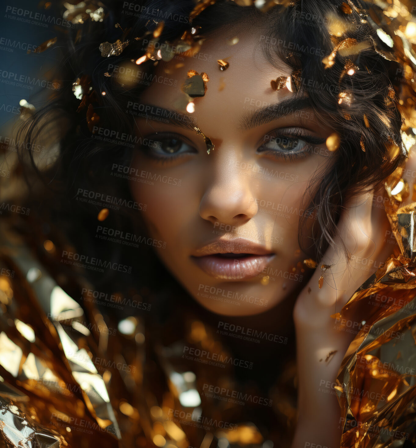 Buy stock photo Beauty, glitter and attractive woman with gold makeup on black background with art, paint and cosmetics. Shine, glow and model in studio for facial fashion, aesthetic freedom and luxury skincare.