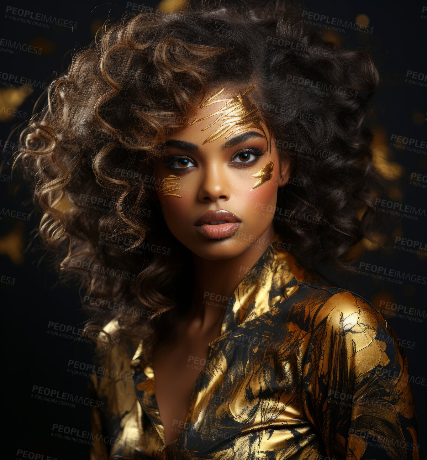 Buy stock photo Beauty, glitter and attractive woman with gold makeup on black background with art, paint and cosmetics. Shine, glow and model in studio for facial fashion, aesthetic freedom and luxury skincare.