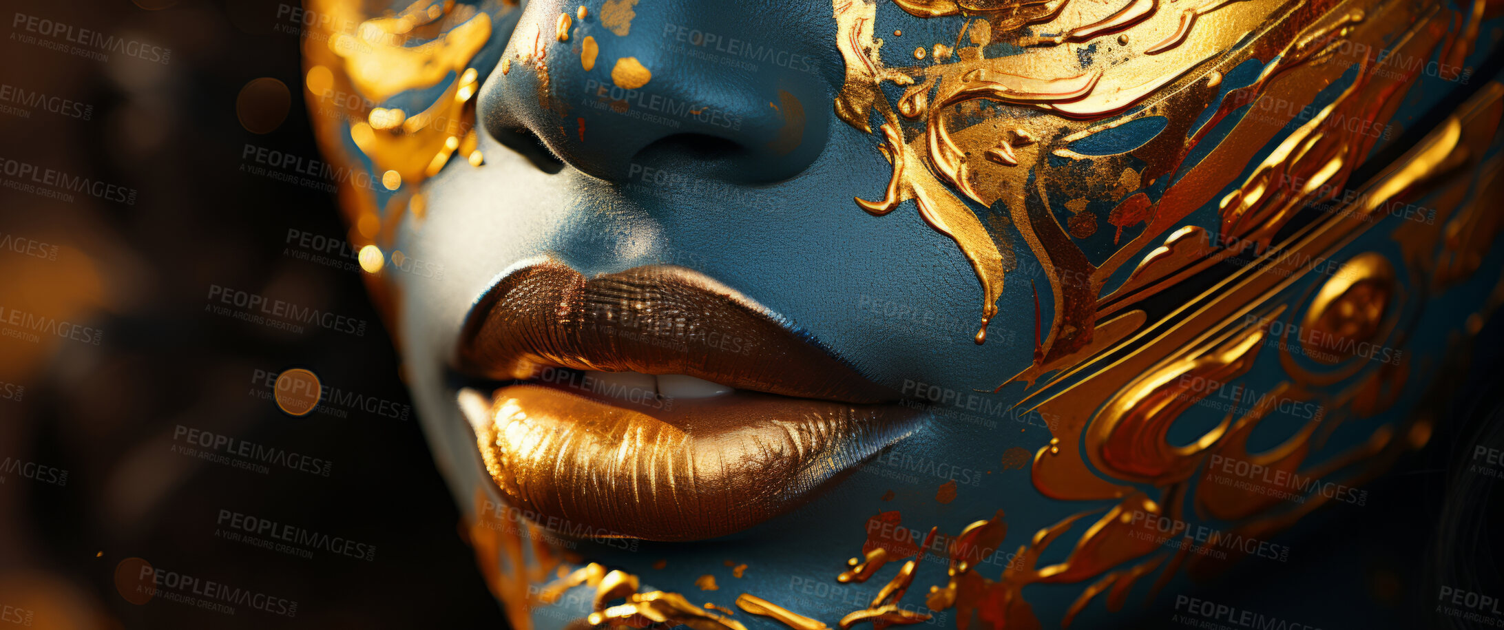 Buy stock photo Beauty, glitter and attractive woman with gold makeup on black background with art, paint and cosmetics. Shine, glow and model in studio for facial fashion, aesthetic freedom and luxury skincare.