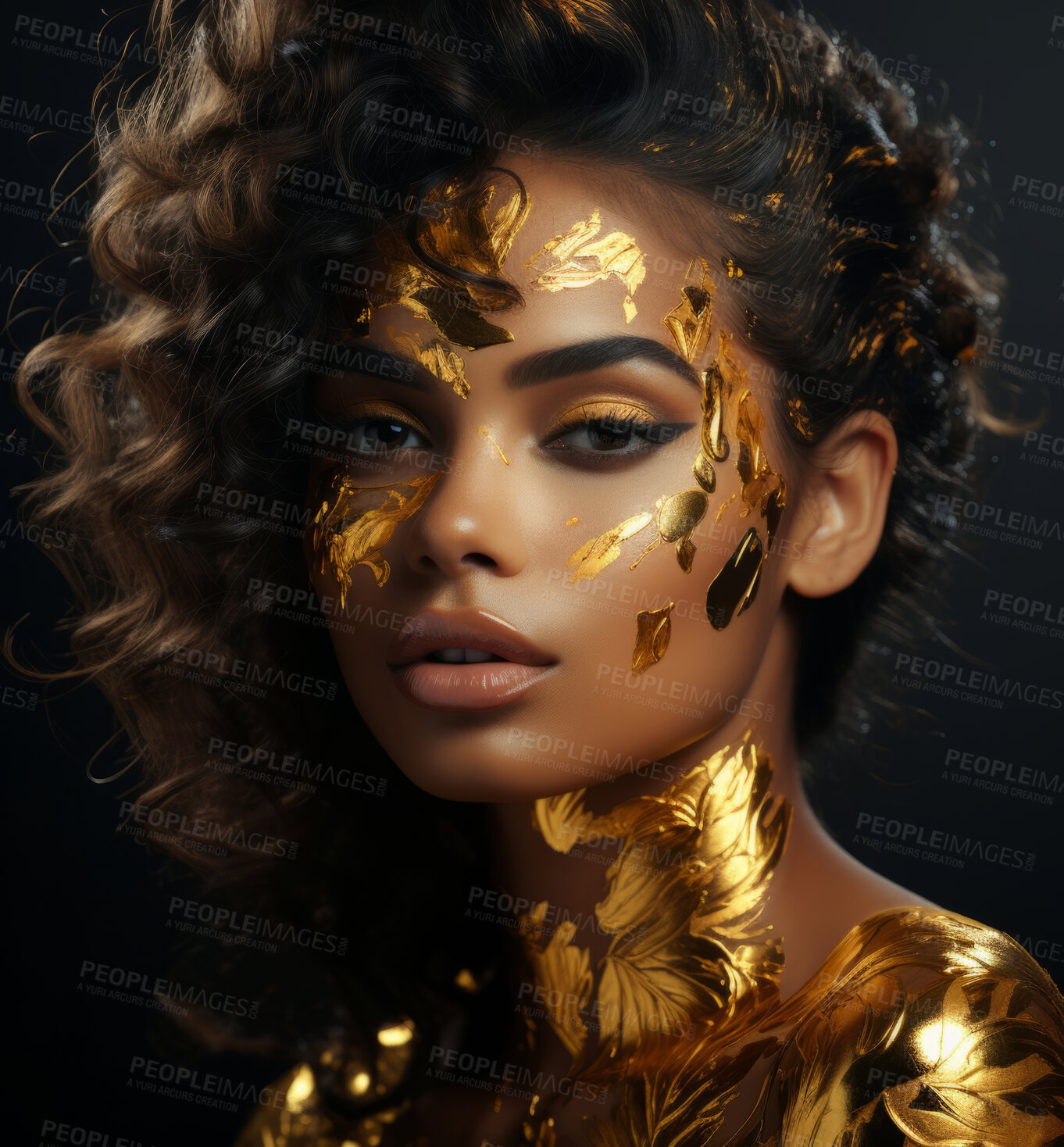 Buy stock photo Beauty, glitter and attractive woman with gold makeup on black background with art, paint and cosmetics. Shine, glow and mixed model in studio for facial fashion, aesthetic freedom and luxury skincare.