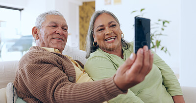 Buy stock photo Selfie, video call and happy senior couple with phone for social media post, memory and picture. Retirement, marriage and elderly man and woman on cellphone for connection, chat and conversation