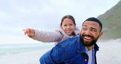 Buy stock photo Beach, happiness and dad piggyback child, girl or daughter on travel holiday, vacation or outdoor wellness. Freedom, nature or happy family papa, kid and bonding for Fathers Day love, support or care