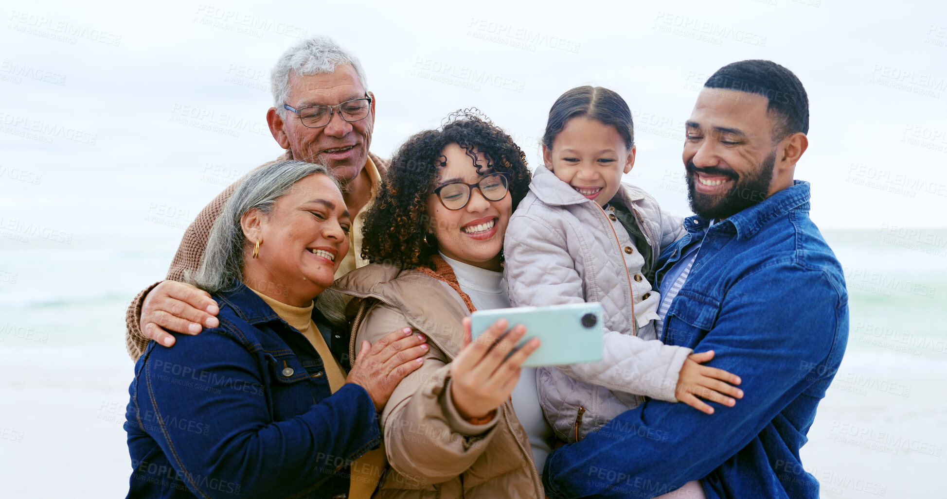 Buy stock photo Beach, selfie and family with vacation, generations and happiness with profile picture, holiday and social media. Travel, granny and grandfather with children, mother and dad with kids, ocean or post