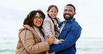 Happy family, selfie or portrait by beach, nature or support love to relax on calm holiday. Young man, woman and child with face for care, marriage and vacation in rio de janeiro for health wellness