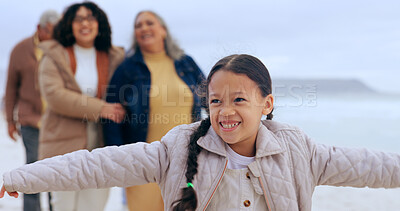 Buy stock photo Happy, family and child on beach with parents running for freedom, adventure and playing by sea. Travel, grandparents and mother, father and young girl by ocean for holiday, vacation and weekend