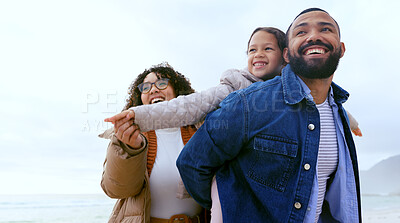Happy family, piggyback or airplane game by beach, nature or support love to relax on calm holiday. Young man, woman and child with bond for care, marriage and vacation in rio de janeiro for wellness