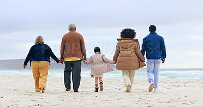 Buy stock photo Happy family, walking or holding hands by beach, nature or support love to relax on calm holiday. Parents, kids and  generations of care in marriage, vacation and rio de janeiro for health wellness 