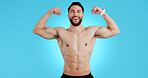 Happy man, portrait and muscle flex of bodybuilder in fitness isolated against a blue studio background. Male person, athlete or model smile showing strength, power or results for workout on mockup