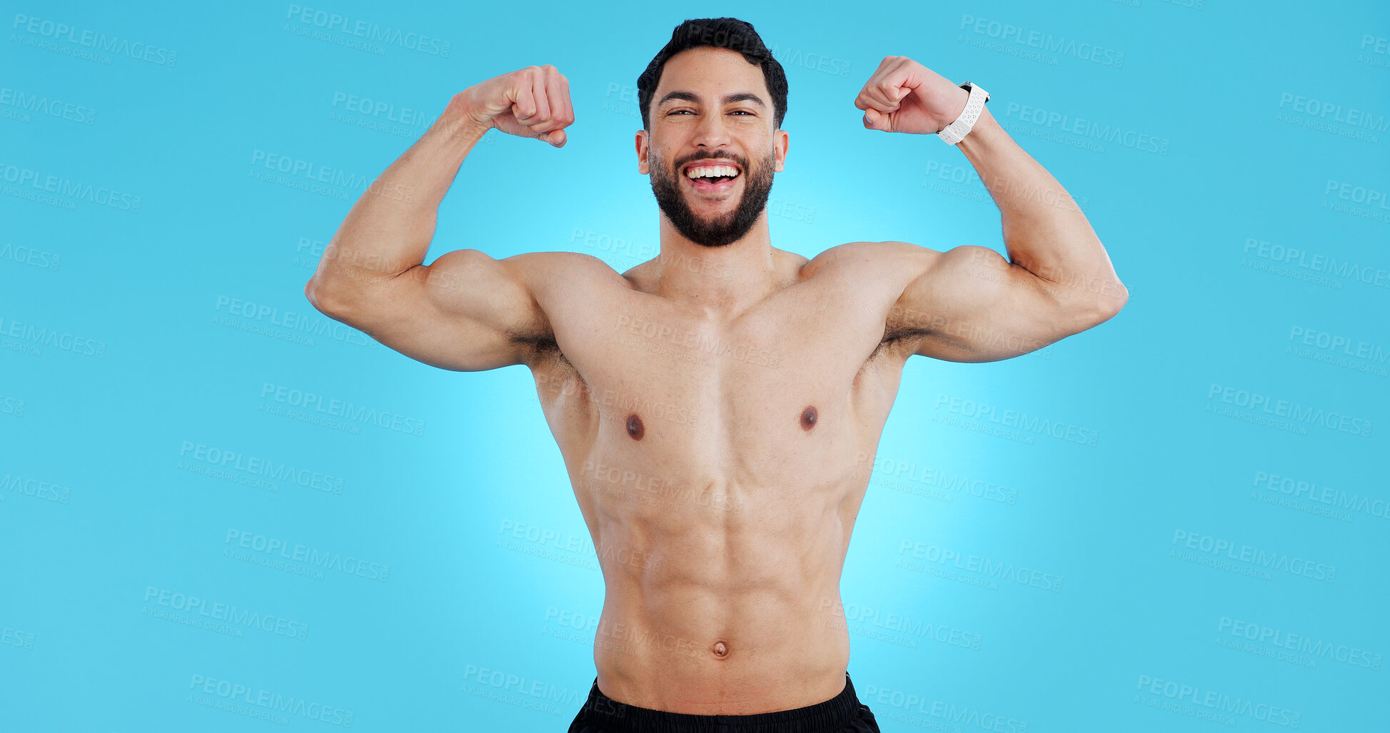 Buy stock photo Happy man, portrait and muscle flex of bodybuilder in fitness isolated against a blue studio background. Male person, athlete or model smile showing strength, power or results for workout on mockup