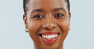 Buy stock photo Happy black woman, portrait and face with teeth for dental hygiene isolated against a studio background. Closeup of African female person, model and big smile for tooth whitening, oral or mouth care