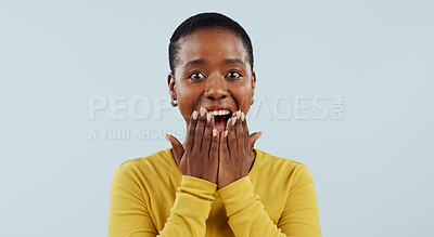 Buy stock photo Happy black woman, portrait and surprise in wow, winning or lucky prize against a studio background, Face of excited African female person smile in joy for bonus, promotion or sale promo in discount