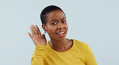 Buy stock photo Listening, confused and whisper with portrait of black woman in studiofor deaf, hearing and news. Communication, quiet and person asking for hand gesture, speaking and secret on blue background