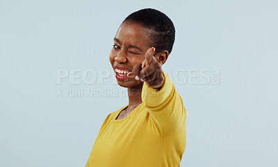 Buy stock photo Woman, portrait and hand pointing you to show winner, opportunity or success choice on a white background. Happy African person with finger to vote for winning and competition or decision in studio