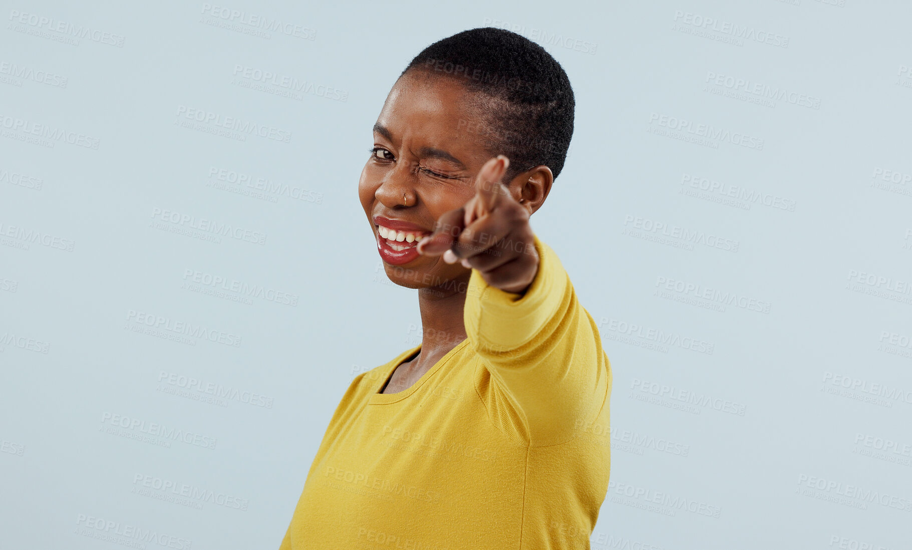 Buy stock photo Woman, portrait and hand pointing you to show winner, opportunity or success choice on a white background. Happy African person with finger to vote for winning and competition or decision in studio