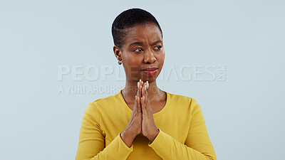 Buy stock photo Woman, planning and evil hands or thinking of strategy, ideas and mission or opportunity in studio. Confused African person with brainstorming for plotting, vision and solution on a white background