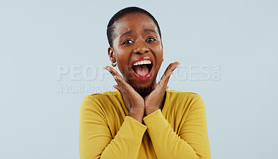 Buy stock photo Happy black woman, portrait and face in surprise for winning, prize or celebration against a studio background. Excited African female person in wow, shock or bonus promotion on sale discount or deal