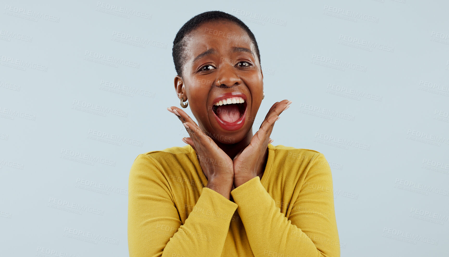 Buy stock photo Happy black woman, portrait and face in surprise for winning, prize or celebration against a studio background. Excited African female person in wow, shock or bonus promotion on sale discount or deal