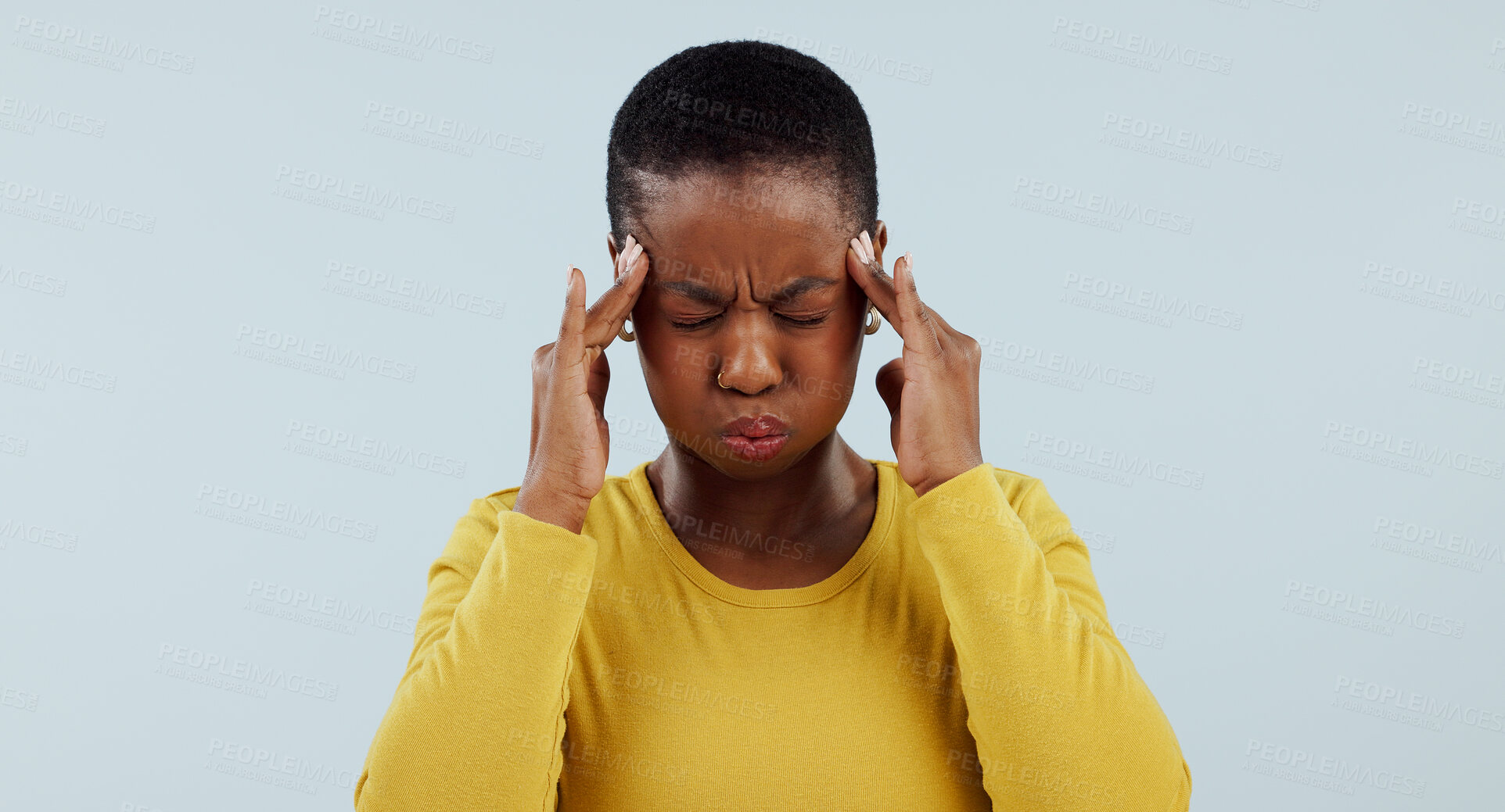 Buy stock photo Frustrated black woman, headache and stress in anxiety, burnout or mistake against a gray studio background. African male person with migraine or mental health in pain, pressure or fail on mockup