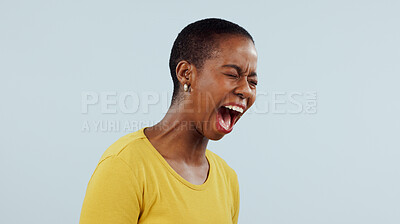 Buy stock photo Stress, anxiety and angry black woman screaming in studio with broken heart, grief or fear on grey background. Psychology, depression and African female model shouting with trauma, conflict or crisis