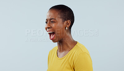 Buy stock photo Anxiety, stress and angry black woman screaming in studio with broken heart, grief or fear on grey background. Psychology, depression and African female model shouting with trauma, conflict or crisis