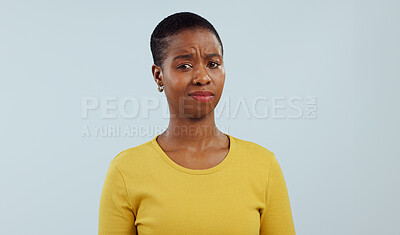 Buy stock photo Black woman, portrait and confused face in question, dont know or unsure against a gray studio background.  Clueless African female person or model in doubt, decision or choice with facial expression