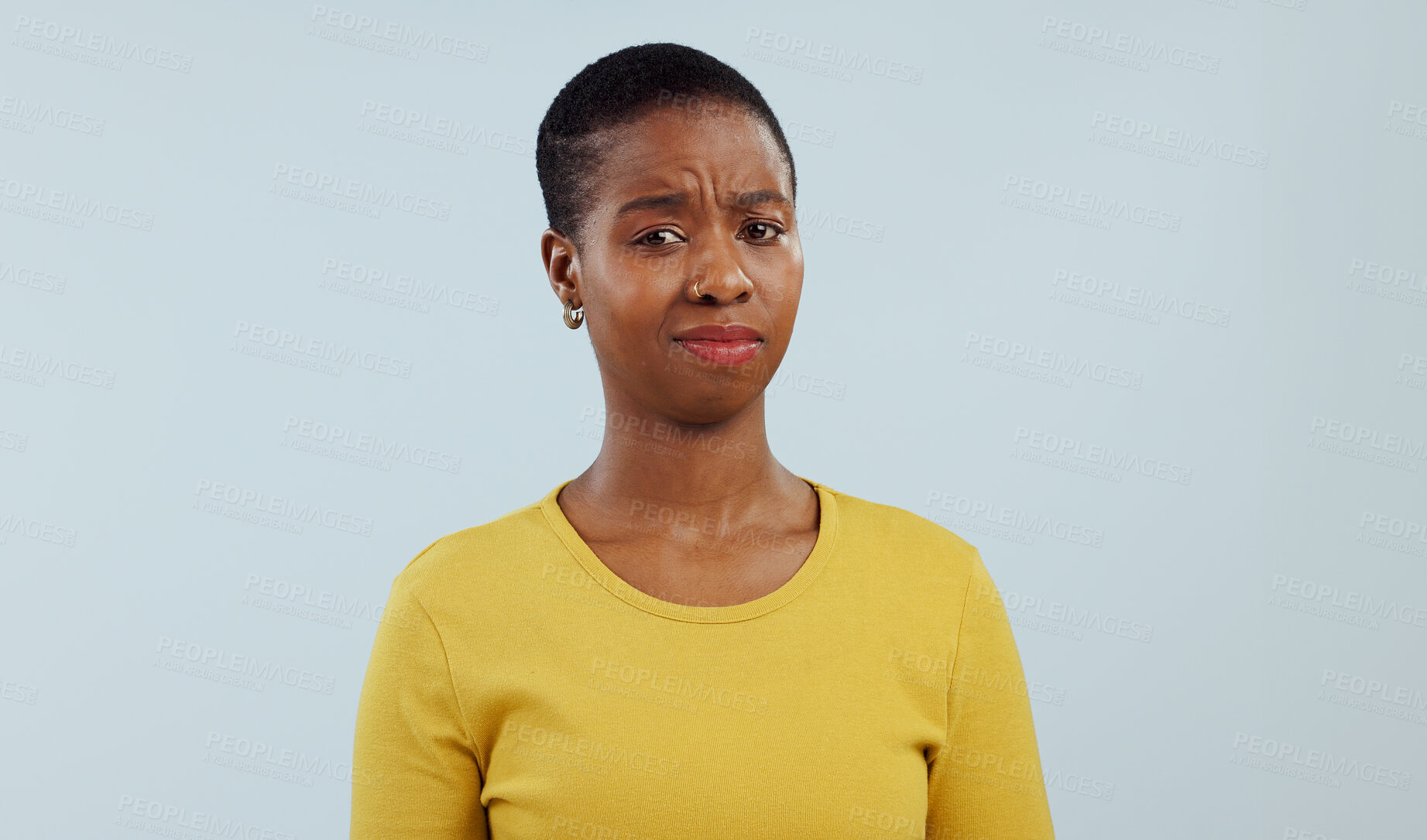 Buy stock photo Black woman, portrait and confused face in question, dont know or unsure against a gray studio background.  Clueless African female person or model in doubt, decision or choice with facial expression