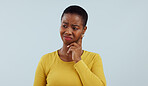 Thinking, confused and black woman in studio with why, brainstorming or asking solution on grey background. Questions, doubt and African model with emoji gesture for problem solving, how or forget