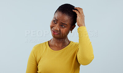 Buy stock photo Confused, thinking and black woman scratching head in  studio with why, brainstorming or solution on grey background. Questions, doubt and model with emoji gesture for problem solving, how or forget