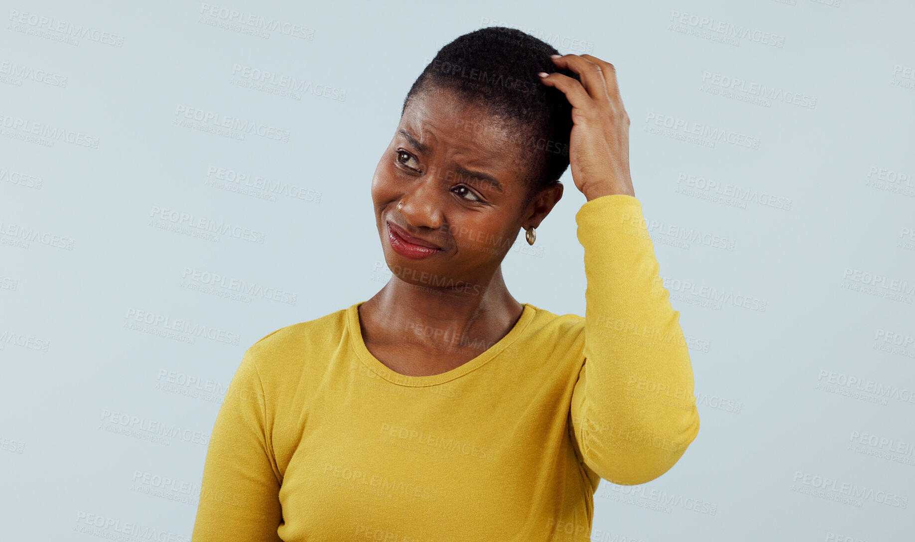 Buy stock photo Confused, thinking and black woman scratching head in  studio with why, brainstorming or solution on grey background. Questions, doubt and model with emoji gesture for problem solving, how or forget