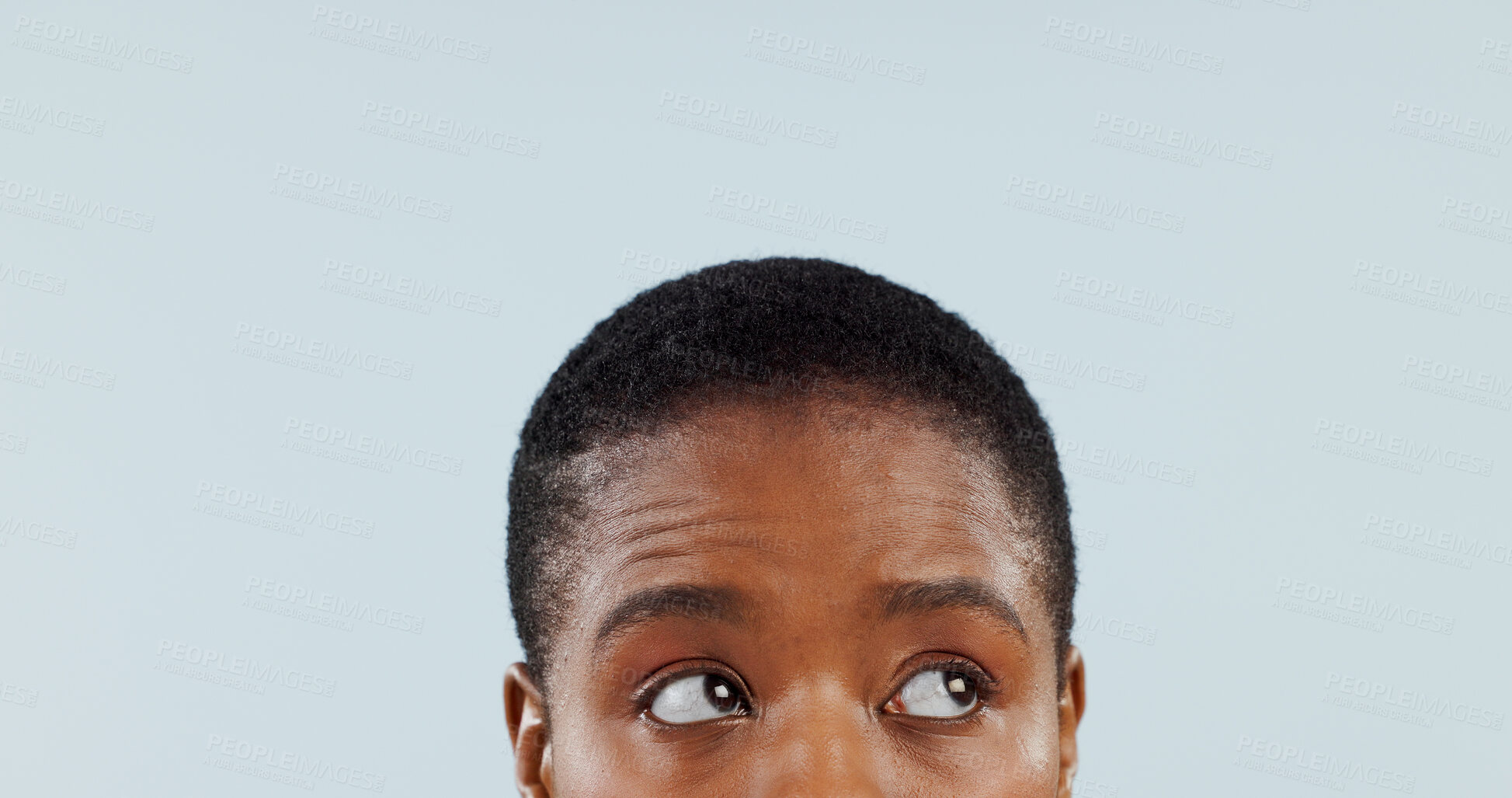 Buy stock photo Idea, space and eyes with woman in studio for mockup, planning and opinion. Question, why and confused with closeup face of african person thinking on grey background for guide, remember and choice