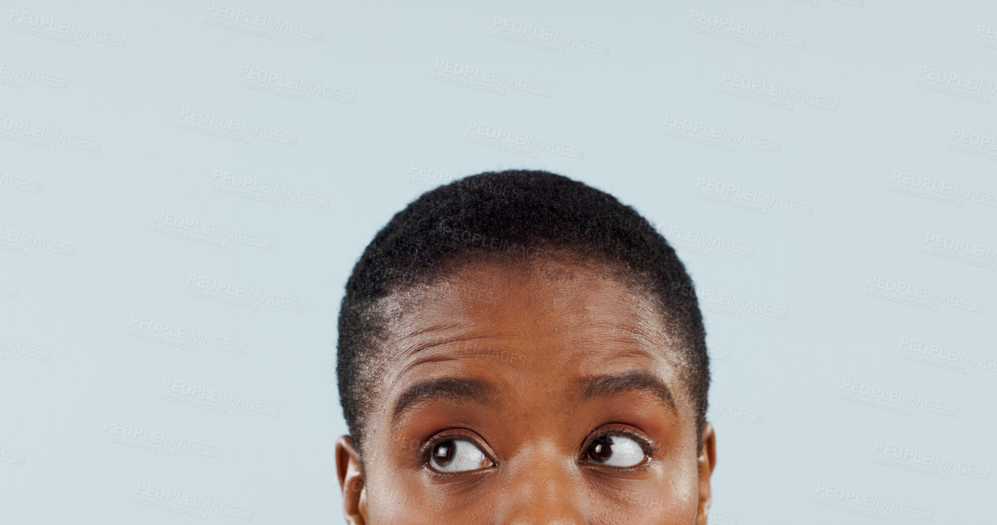 Buy stock photo Thinking, space and eyes with woman in studio for mockup, planning and opinion idea. Question, why and confused with closeup face of african person on grey background for guide, remember and choice