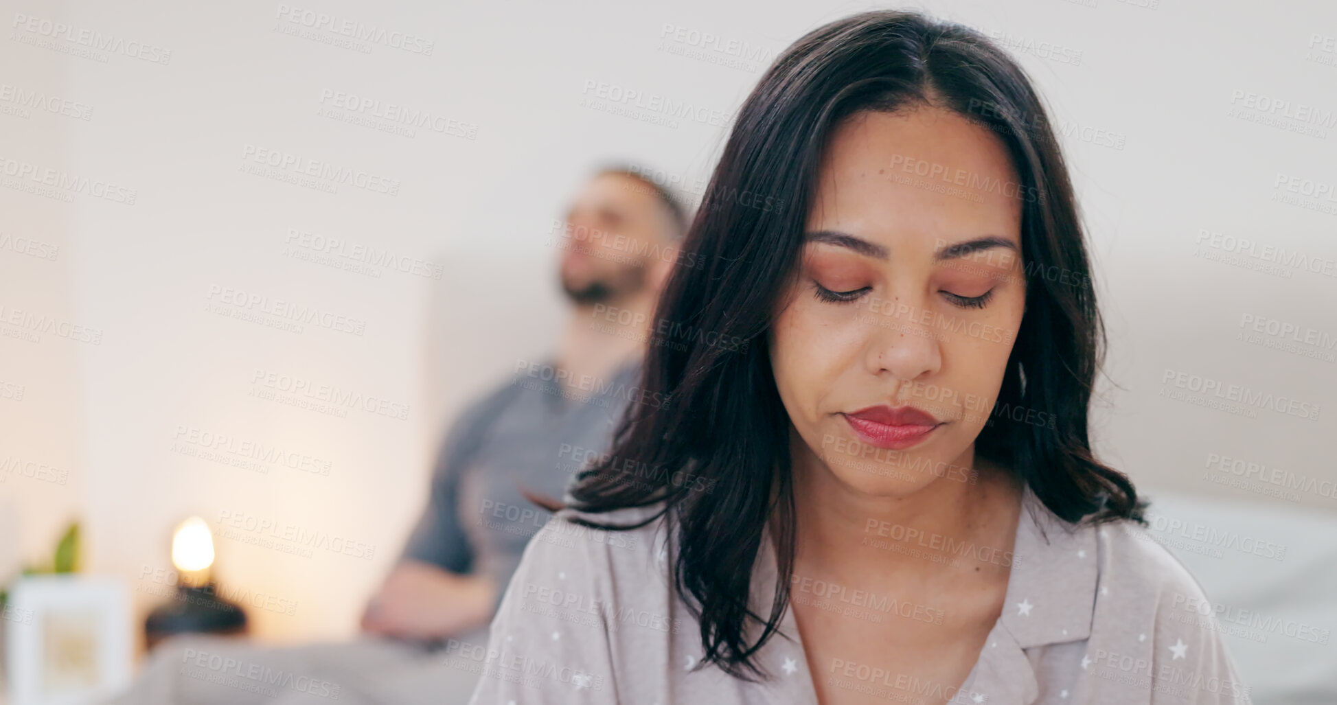 Buy stock photo Woman, man and sad with fight in bedroom, thinking and depression with mistake, fail and no faith in marriage. Couple, conflict and stress with anxiety, memory and grief for divorce on bed in home