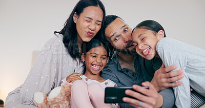 Buy stock photo Funny family selfie, parents and kids in bedroom, hug and bonding together for love or goofy memory in home. Photography, love and mom, dad and children on bed with smile, relax playful fun in house.