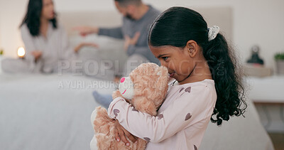 Buy stock photo Home, parents and fight with a girl, teddy bear and conflict with toxic relationship, sad or bad marriage. Family, mother or father with stress, kid with a toy or childhood with depression or anxiety