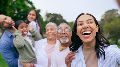 Buy stock photo Park selfie of grandparents, happy kids and parents, smile and bonding on weekend in nature. Photography, fun and memory for big family on picnic, men and women with children in garden with smile.